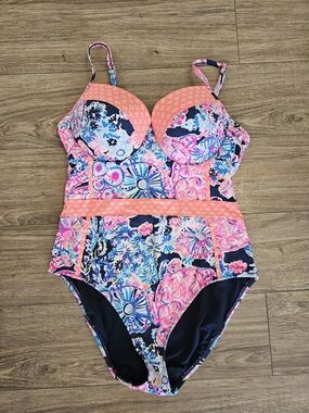 Lilly Pulitzer Coral Pink & Navy Floral One-Piece Swimsuit Size 12